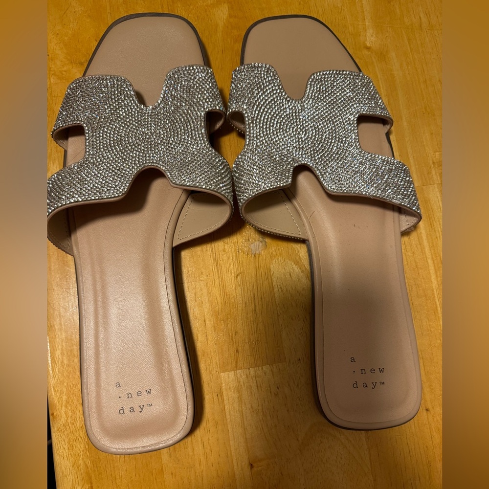 A New Day Sparkling Silver Slide Sandals NWT